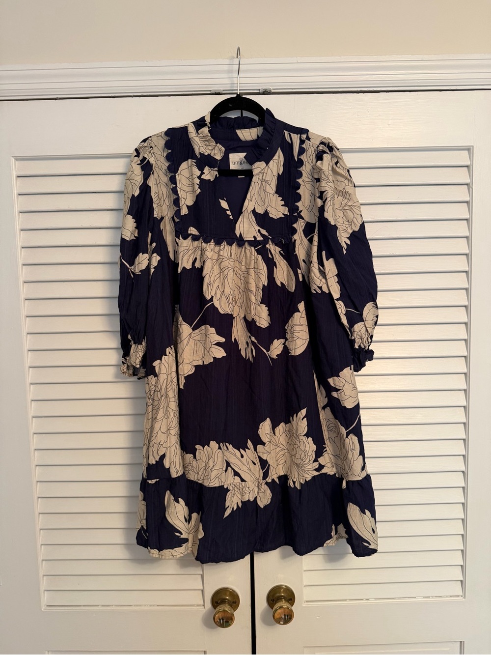 Umgee Navy and Cream Floral Smocked-Yoke Dress